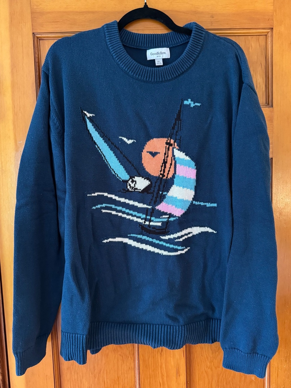 100% Cotton Goodfellow & Co Men's Blue Graphic Knit Sailboat Sweater